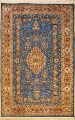 6'1x9'6 Pak Persian Area Rug with Silk & Wool Pile - Floral Medallion Design | Hand-Knotted in Greenish Blue