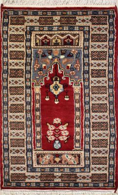 2'0x4'0 Bokhara Jaldar Area Rug with Wool Pile - Prayer Pictorial Design | Hand-Knotted in Red