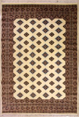 7'0x9'4 Bokhara Jaldar Area Rug with Silk & Wool Pile - Geometric Diamond Design | Hand-Knotted in White