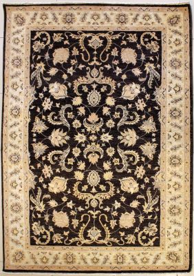 6'0x9'5 Chobi Ziegler Area Rug made using Vegetable dyes with Wool Pile - Floral Design | Hand-Knotted in Dark Brown