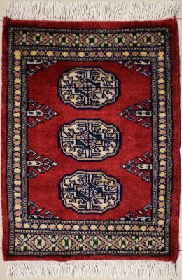 1'6x2'0 Bokhara Jaldar Area Rug with Wool Pile - Special Mori Bokhara Elephant Foot Design | Hand-Knotted in Red