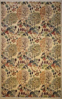 5'5x8'0 Chobi Ziegler Area Rug made using Vegetable dyes with Wool Pile - Floral Design | Hand-Knotted in White