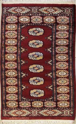2'0x3'11 Bokhara Jaldar Area Rug with Silk & Wool Pile - Special Mori Bokhara Elephant Foot Design | Hand-Knotted in Red