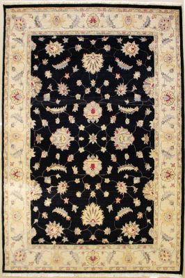 5'10x8'8 Chobi Ziegler Area Rug made using Vegetable dyes with Wool Pile - Floral Design | Hand-Knotted in Black