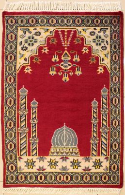 2'6x3'11 Bokhara Jaldar Area Rug with Wool Pile - Prayer Pictorial Design | Hand-Knotted in Red