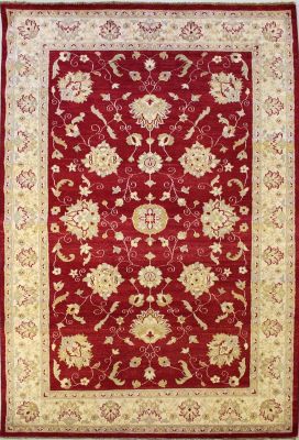 6'4x10'0 Chobi Ziegler Area Rug made using Vegetable dyes with Wool Pile - Floral Design | Hand-Knotted in Red