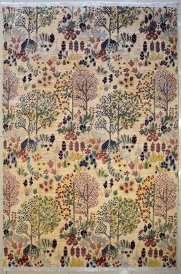 5'6x8'4 Chobi Ziegler Area Rug made using Vegetable dyes with Wool Pile - Floral Design | Hand-Knotted in White