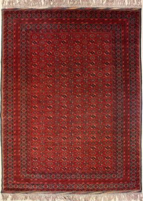 6'7x9'7 Caucasian Design Area Rug with Wool Pile - Tribal Special Mori Bokhara Elephant Foot Design | Hand-Knotted in Red