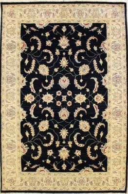 5'11x9'1 Chobi Ziegler Area Rug made using Vegetable dyes with Wool Pile - Floral Design | Hand-Knotted in Black