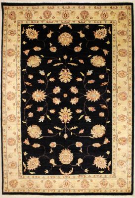 5'11x9'0 Chobi Ziegler Area Rug made using Vegetable dyes with Wool Pile - Floral Design | Hand-Knotted in Black
