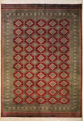 8'0x10'3 Bokhara Jaldar Area Rug with Silk & Wool Pile - Geometric Diamond Design | Hand-Knotted in Red