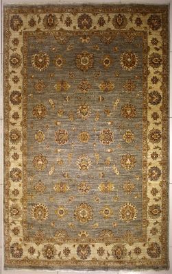 5'6x8'1 Chobi Ziegler Area Rug made using Vegetable dyes with Wool Pile - Floral Design | Hand-Knotted in Grey