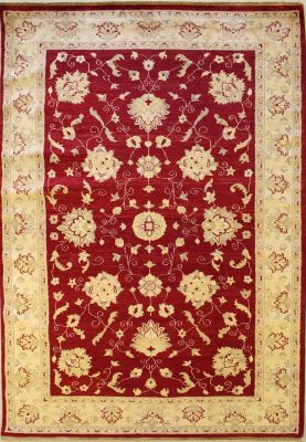 6'5x10'1 Chobi Ziegler Area Rug made using Vegetable dyes with Wool Pile - Floral Design | Hand-Knotted in Red