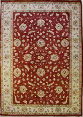 6'7x9'8 Chobi Ziegler Area Rug made using Vegetable dyes with Wool Pile - Floral Design | Hand-Knotted in Red