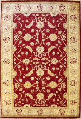 6'6x10'0 Chobi Ziegler Area Rug made using Vegetable dyes with Wool Pile - Floral Design | Hand-Knotted in Red