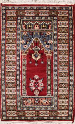 2'1x4'1 Bokhara Jaldar Area Rug with Wool Pile - Prayer Pictorial Design | Hand-Knotted in Red
