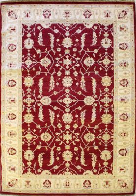 6'6x9'11 Chobi Ziegler Area Rug made using Vegetable dyes with Wool Pile - Floral Design | Hand-Knotted in Red