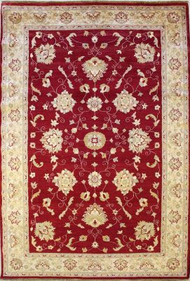 6'7x10'1 Chobi Ziegler Area Rug made using Vegetable dyes with Wool Pile - Floral Design | Hand-Knotted in Red