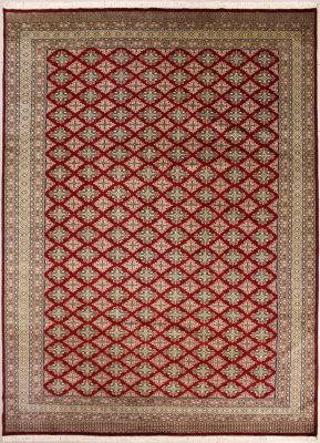 9'1x12'3 Bokhara Jaldar Area Rug with Silk & Wool Pile - Geometric Diamond Design | Hand-Knotted in Red