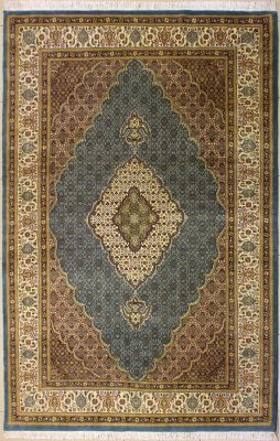 7'0x10'8 Pak Persian High Quality Area Rug with Silk & Wool Pile - Floral Medallion Design | Hand-Knotted in Greenish Blue