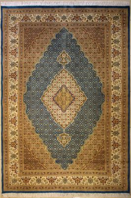 8'0x10'6 Pak Persian High Quality Area Rug with Silk & Wool Pile - Floral Medallion Design | Hand-Knotted in Greenish Blue