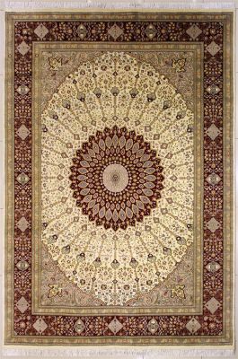 8'1x10'1 Pak Persian High Quality Area Rug with Silk & Wool Pile - Floral Design | Hand-Knotted in White