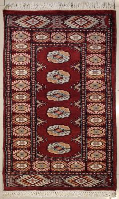 2'0x4'2 Bokhara Jaldar Area Rug with Silk & Wool Pile - Special Mori Bokhara Elephant Foot Design | Hand-Knotted in Red
