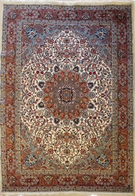 6'10x10'10 Pak Persian High Quality Area Rug with Silk & Wool Pile - Isfahan Medallion Design | Hand-Knotted in Ivory