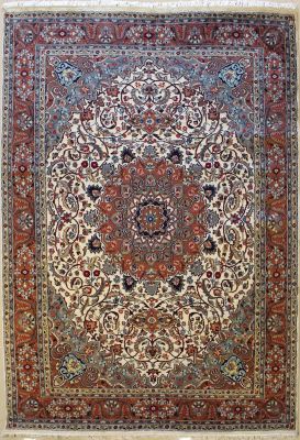 6'10x10'9 Pak Persian High Quality Area Rug with Silk & Wool Pile - Isfahan Medallion Design | Hand-Knotted in Ivory