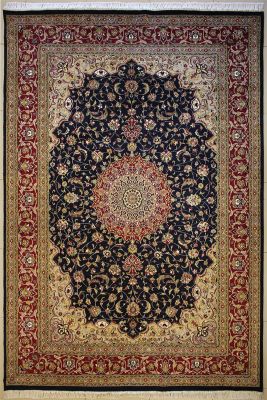 8'1x10'11 Pak Persian High Quality Area Rug with Silk & Wool Pile - Floral Medallion Design | Hand-Knotted in Blue
