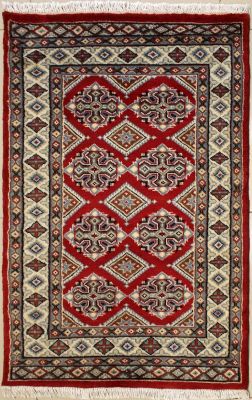 2'6x3'11 Bokhara Jaldar Area Rug with Wool Pile - Geometric Diamond Design | Hand-Knotted in Red