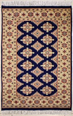 2'7x3'11 Bokhara Jaldar Area Rug with Silk & Wool Pile - Geometric Design | Hand-Knotted in Blue