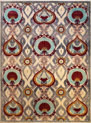 9'0x11'10 Chobi Ziegler Area Rug made using Vegetable dyes with Wool Pile - Floral Design | Hand-Knotted in Grey
