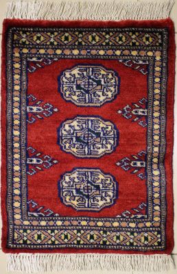 1'6x2'1 Bokhara Jaldar Area Rug with Wool Pile - Special Mori Bokhara Elephant Foot Design | Hand-Knotted in Red