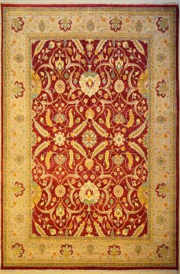 9'1x11'11 Chobi Ziegler Area Rug made using Vegetable dyes with Wool Pile - Floral Design | Hand-Knotted in Red