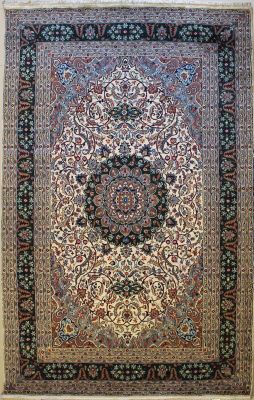 7'10x13'4 Pak Persian High Quality Area Rug with Silk & Wool Pile - Isfahan Medallion Design | Hand-Knotted in Ivory