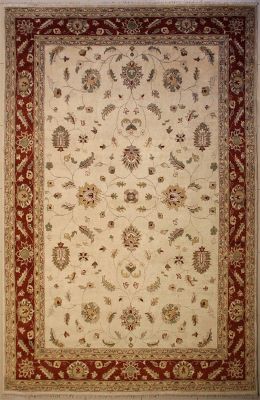 8'11x12'4 Chobi Ziegler Area Rug made using Vegetable dyes with Wool Pile - Floral Design | Hand-Knotted in White