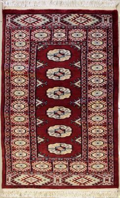 2'1x4'2 Bokhara Jaldar Area Rug with Wool Pile - Special Mori Bokhara Elephant Foot Design | Hand-Knotted in Red