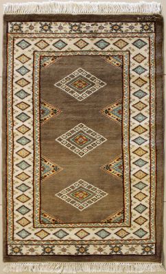 2'2x3'10 Bokhara Jaldar Area Rug with Silk & Wool Pile - Geometric Diamond Design | Hand-Knotted in Brown