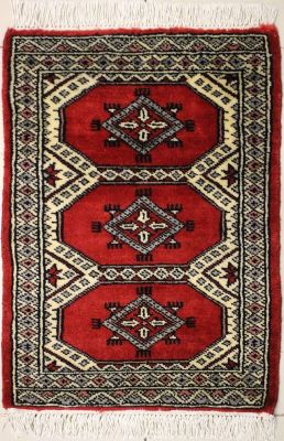 1'5x2'0 Bokhara Jaldar Area Rug with Wool Pile - Geometric Diamond Design | Hand-Knotted in Red