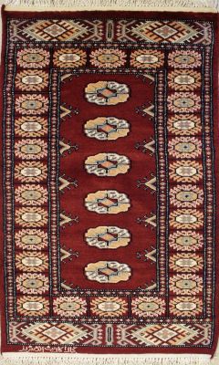 2'2x4'1 Bokhara Jaldar Area Rug with Silk & Wool Pile - Special Mori Bokhara Elephant Foot Design | Hand-Knotted in Red