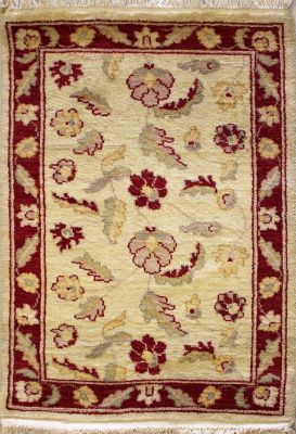 2'0x3'2 Chobi Ziegler Area Rug made using Vegetable dyes with Wool Pile - Floral Design | Hand-Knotted in White