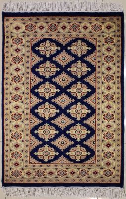 2'7x3'10 Bokhara Jaldar Area Rug with Silk & Wool Pile - Geometric Diamond Design | Hand-Knotted in Blue