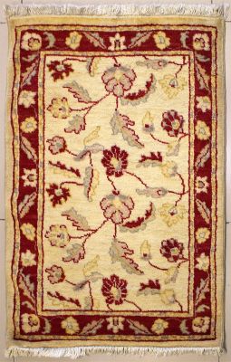 2'2x3'3 Chobi Ziegler Area Rug made using Vegetable dyes with Wool Pile - Floral Design | Hand-Knotted in White