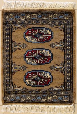 1'6x1'11 Bokhara Jaldar Area Rug with Wool Pile - Special Mori Bokhara Elephant Foot Design | Hand-Knotted in Brown