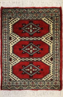 1'5x2'0 Bokhara Jaldar Area Rug with Wool Pile - Geometric Diamond Design | Hand-Knotted in Red