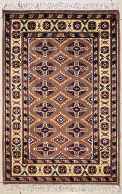 2'7x4'2 Bokhara Jaldar Area Rug with Silk & Wool Pile - Geometric Diamond Design | Hand-Knotted in Brown