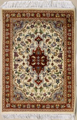 2'0x3'2 Pak Persian High Quality Area Rug with Silk & Wool Pile - Floral Design | Hand-Knotted in White