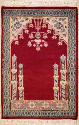 2'6x3'11 Bokhara Jaldar Area Rug with Wool Pile - Prayer Pictorial Design | Hand-Knotted in Red