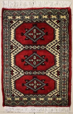 1'6x2'0 Bokhara Jaldar Area Rug with Wool Pile - Geometric Diamond Design | Hand-Knotted in Red